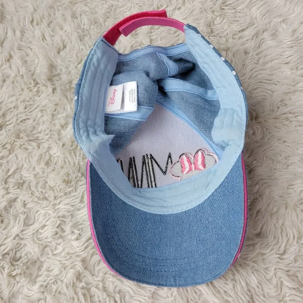 Disney Minnie Mouse Denim Blue White Polka Dot Girls Adjustable Baseball Cap Hat